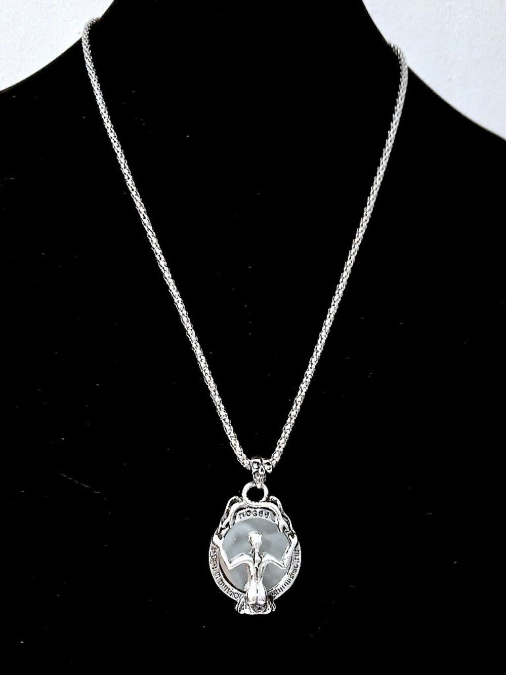 Gothic Angel Skull Pendant Necklace Silver Tone 24" Chain Moonstone Style Caboch